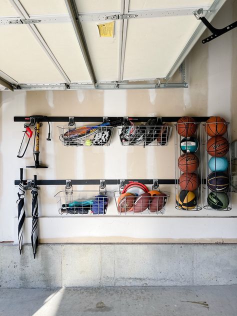 Easy Garage Storage Using the Rubbermaid FastTrack System - Life Love Larson Build Your Own Shelves, Easy Garage Storage, Organization Garage, Garage Storage Inspiration, Garage Storage Ideas, Workshop Diy, Suburban Home, Yard Diy, Garage Renovation