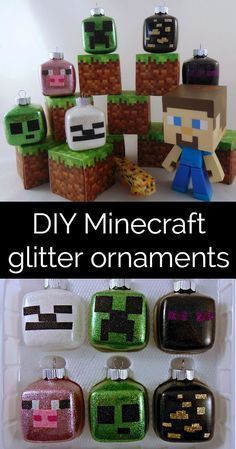 Easy to make Minecraft Glitter Ornaments Gamer Crafts Diy, Dollar Tree Minecraft Ideas, Christmas Decor Ideas Minecraft, Diy Minecraft Ornaments, Minecraft Ornaments, Minecraft Crafts For Kids, Minecraft Wood Block Craft, Minecraft Christmas Tree, Glitter Wallpaper Iphone