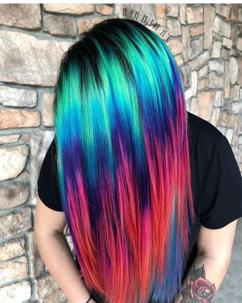 Melted holographic hair by @rianimal #hotonbeauty . . . . #northernlights #holographichair #hairart #colormelting #salonlife Rainbow Color Blocking Hair, Fun Hair Color Ideas For Brunettes Ombre Dip Dye, Multi Color Hair Dye Ideas, Vivid Hair Color Ideas Blondes, Summer Vivid Hair Color, Multi Dimensional Hair, Block Haircolor, Unique Summer Hair Color, Crazy Color Hair Ideas