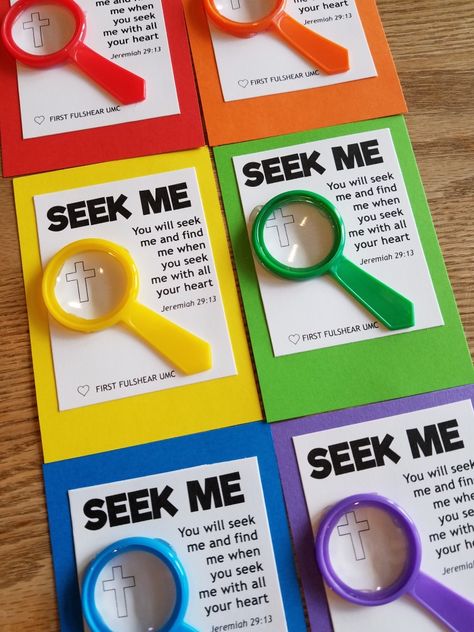 Agape gift. Seek Me. Rainbow color  with magnifying glass. Vbs Gifts For Kids, Christian Agape Ideas, Gifts For Sunday School Kids, Chrysalis Agape Ideas, Sunday School Gifts For Kids, Welcome To Sunday School Ideas For Kids, Emmaus Agape Ideas Men, Emmaus Agape Ideas Walks Gifts, Agape Ideas Emmaus