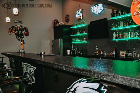 Gallery & Idea Center - Customizeddesigns.com Philadelphia Eagles Game Room, Philadelphia Eagles Room Ideas, Sports Bar Ideas For Home, Philadelphia Eagles Man Cave Ideas, Eagles Basement, Philadelphia Eagles Room, Basement Sports Bar Ideas, Home Sports Bar Ideas, Doobie Den