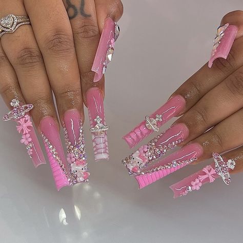 ig: _grabbersbydrea Stiletto Birthday Nails, Junk Nails, Hard Nails, French Tip Acrylic Nails, Long Acrylic, Unique Acrylic Nails, Pink Acrylic, Pink Acrylic Nails, Acrylic Nails Coffin