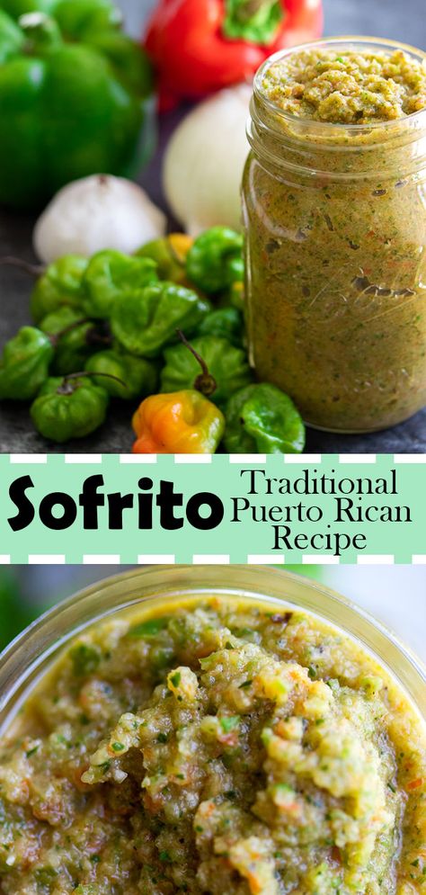 Sofrito, also called recaito is a stable to preparing many Puerto Rican cuisines. It is made in different variations around the Caribbean Islands. The base consisting of peppers, onion, garlic, and tomatoes. Puerto Rican Sofrito rarely has tomatoes and uses two main ingredients – culantro and ají dulce. #caribbean #sofrito #puertorico #recipe #food #marinade #seasoning Aji Dulce Recipes, Recaito Recipe Puerto Rico, Homemade Sofrito Recipe Puerto Rico, Puerto Rican Beans Recipe, Sofrito Puertorriqueño, Recaito Recipe, Puerto Rican Recipes Authentic, Puerto Rican Sofrito Recipe, Sofrito Recipe Puerto Rican