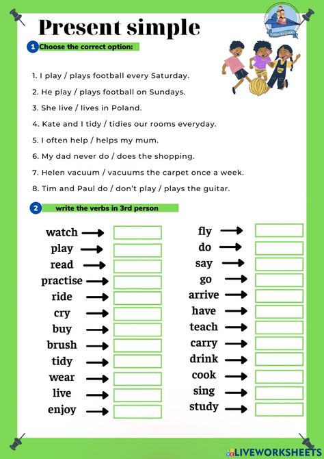 Present Simple Worksheets For Kids, Present Simple For Kids, Simple Present Worksheet, Plural Verbs, Simple Present Tense Worksheets, First Grade Reading Comprehension, Letter Recognition Worksheets, English Grammar Exercises, Simple Present Tense