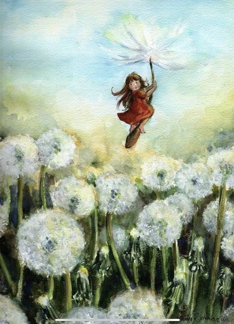 Dandelion Flower Painting, Fairy Garden Art Painting, Fairy Dandelion, Dandelions Painting, Flower Fairy Art, Dandelion Fairy, Fairy Garden Art, Dandelion Drawing, Dandelion Painting