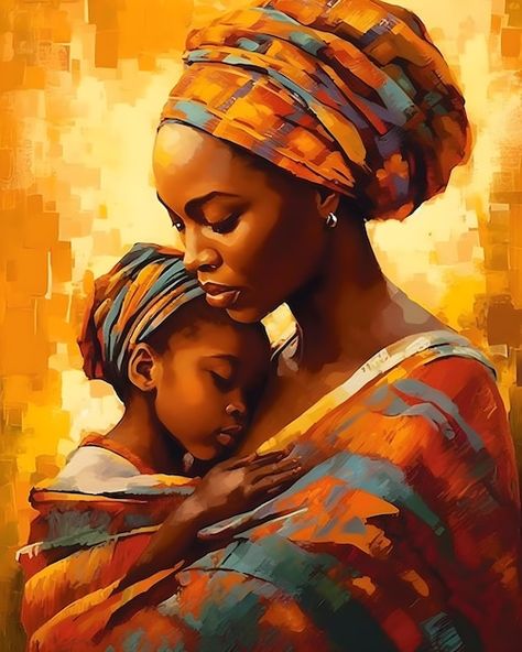 A painting of a mother and child | Premium Photo #Freepik #photo #mother #african-woman #african-women #mother-daughter Mother And Baby Paintings, Motherhood Painting, African Portraits Art, African Women Painting, Mother And Child Painting, Africa Painting, Africa Art Design, Mother Images, Black Woman Artwork