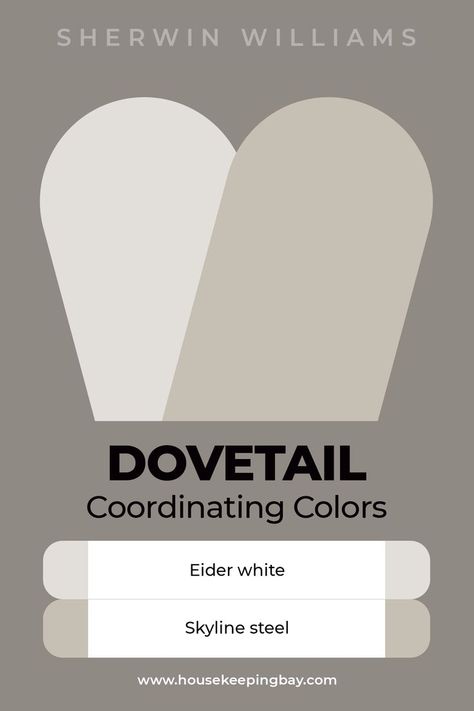 Coordinating Sherwin Williams Dovetail Paint Color with others. Since we already discovered that dovetail is from the light color family and has rather light gray undertones it means only one thing – it will go well with darker colors. The question is still open: what colors does Dovetail Sherwin Williams look good with? Read more about Coordinating Sherwin Williams Dovetail Paint Color with others Sw Dovetail Coordinating Colors, Dovetail Paint, Dovetail Sherwin Williams, Sherwin Williams Dovetail, Sherwin Williams Exterior House Colors, Exterior Paint Sherwin Williams, Sherman Williams, Light Grey Paint Colors, Sherwin Williams Gray