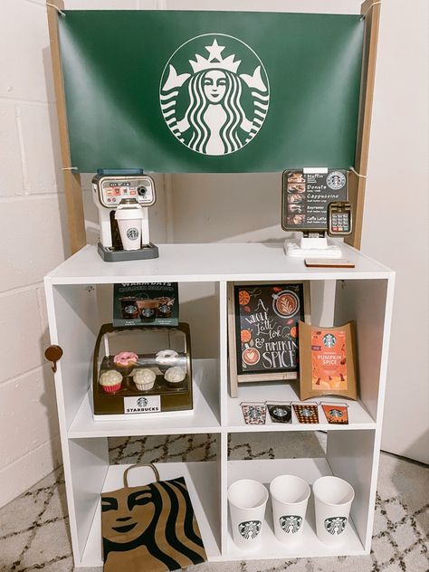 Pretend Play Cafe Coffee Shop, Starbucks Pretend Play, Dramatic Play Coffee Shop Ideas, Starbucks Play Center, Pretend Playroom Ideas, Starbucks Dramatic Play Coffee Shop, Cafe Play Area, Classroom Kitchen Center, Coffee Shop Pretend Play