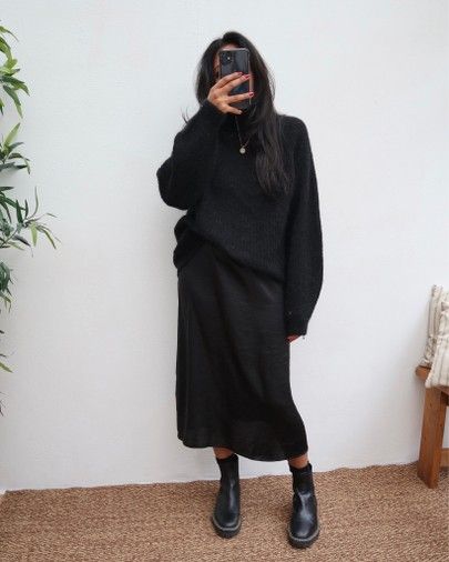 Slip Dress Jumper Outfit, Black Jersey Dress Outfit Winter, Jumper And Slip Dress, Black Slip Dress Sweater Outfit, Long Black Dress With Sweater Over It, Black Silk Dress With Sweater, Layered Sweater Dress, Styling A Black Slip Dress, Long Black Skirt With Sweater