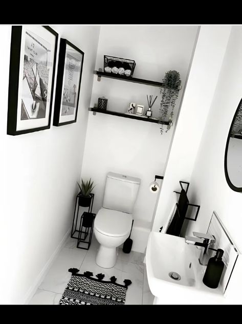 Scandinavian Small Bathroom, Small Bathroom Farmhouse, Small Toilet Decor, Small Downstairs Toilet, Small Bathroom Wallpaper, Half Bathroom Decor, Black Bathroom Decor, Toilet Room Decor, Small Toilet Room