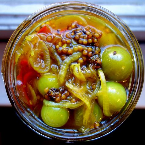 Bread and butter pickles made from green cherry tomatoes. Pickled Green Cherry Tomatoes Recipe, Green Cherry Tomatoes, Tomato Ideas, Tomato Pickle Recipe, Pickles Recipes, Pickled Green Tomatoes, Bread And Butter Pickles, Tomatoes Recipes, Green Tomato Recipes