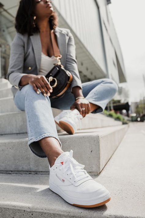 #OOTD feat. Reebok Club C 85 Sneakers » MILLENNIELLE #reebok #sneakers #shoeinspo Reebok Club C 85 Outfit Women, Reebok Club C 85 Outfit, Club C 85 Outfit, Club C 85 Vintage, Reebok Club C 85, Club C 85, Women's Outfits, Reebok Club C, White Sneakers Women