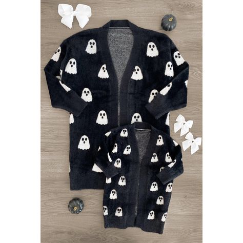 Mom & Me - Cozy Black Ghost Cardigan Ghost Cardigan, Mommy Daughter Outfits, Black Ghost, Goth Baby, Sparkle In Pink, Halloween Moms, White Ghost, Long Sleeve Design, Mommy Daughter