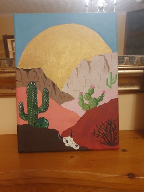 Simple Western Canvas Paintings, Painting Ideas Western Easy, Easy Western Painting Ideas On Canvas, Cute Western Paintings, Acrylic Painting Western, Desert Painting Acrylic Easy, Simple Desert Painting, Rodeo Paintings Easy, Western Paintings Canvases