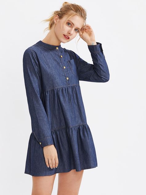 Shop Tiered Denim Dress With Chest Pocket online. SheIn offers Tiered Denim Dress With Chest Pocket & more to fit your fashionable needs. Long Sleeve Denim Dress, Womens Denim Dress, Denim Shirt Dress, Short Dresses Casual, Personal Taste, Fashion Design Clothes, Lace Fashion, Fall Winter Outfits, Jeans Dress