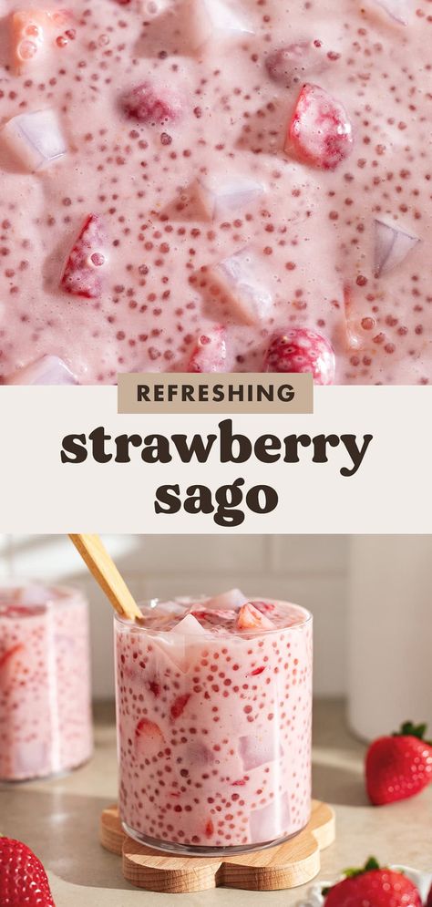 Light and refreshing strawberry sago that's super easy to make with fresh strawberries, coconut milk, tapioca pearls, and any jelly add-ins you like! Sago Pearls Recipe, Strawberry Sago Recipe, Sago Recipes Desserts, Strawberry Sago Dessert, Strawberry Sago, Coconut Milk Tapioca, Frozen Strawberry Desserts, Sago Dessert, Sago Recipes