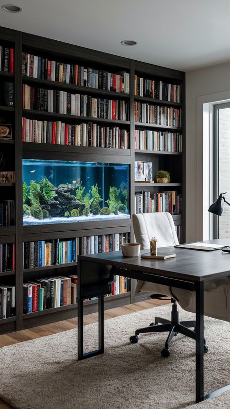 Aquarium Home Office Design Inspirations Fish Tank Built In Bookcase, Library With Aquarium, Aquarium In Bookshelf, Aquarium Home, Home Office Designs, 80s House, Office Design Inspiration, Modern Desks, Home Aquarium