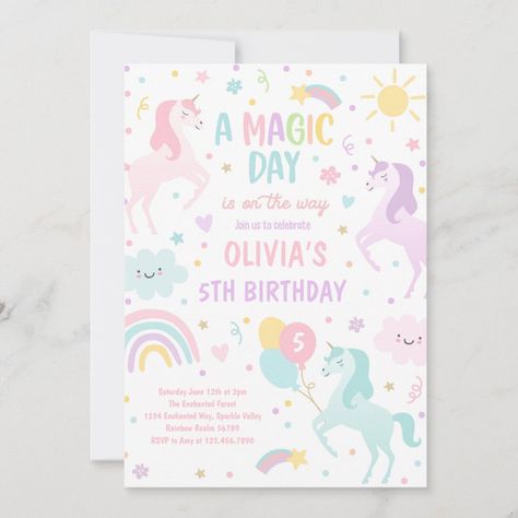 Magical Pastel Unicorn Rainbow Birthday Party Invitation All designs are © PIXEL PERFECTION PARTY LTD Unicorn 3rd Birthday Party Invitation, Unicorn Fifth Birthday Party, Unicorn 5th Birthday Party, Unicorn Rainbow Birthday Party, Pink Unicorn Party, Unicorn Invite, Unicorn 1st Birthday, Rainbow Unicorn Birthday Party, Unicorn Invitation