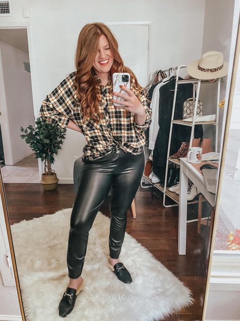 Faux Leather Pants from Spanx paired with plaid shirt #winteroutfits #spanxstyle Flannel With Leather Leggings, Flannel Leather Pants, Flannel And Leather Leggings, Plaid Shirt Leather Leggings, Flannel Leather Leggings, Faux Leather Pants, Airport Outfit, Womens Plaid, Plaid Shirt