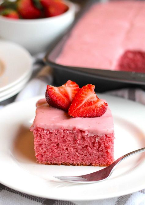 ￼

Double Strawberry Cake
Serves 12
10m prep time
40m cook time

INGREDIENTS
	•	1 (14.25 oz) box white cake mix
	•	3 1/2 tablespoon all purpose flour
	•	1 (3 oz) box strawberry jello
	•	1/2 cup water
	•	3/4 cup vegetable oil
	•	4 eggs
	•	1 teaspoon vanilla extract
	•	1 cup strawberry puree, from fresh or frozen berries

FROSTING
	•	1 (8 oz) package cream cheese, room temperature
	•	1/2 cup butter (1 stick)
	•	1 cup strawberry puree
	•	4-5 cups powdered sugar

PREPARATION
	1.	Preheat oven to 350 degrees F and grease a 9x13-inch baking dish.
	2.	In a large bowl, combine cake mix, flour, and jello powder and sift to combine. Add eggs, oil, water, vanilla, and 1 cup strawberry puree and mix until smooth.
	3.	Transfer batter to the prepared baking dish and bake for 35-40 minutes or until an ins Strawberry Cake Mix Recipes, Frozen Strawberry Desserts, Frozen Strawberry Recipes, Fresh Strawberry Cake, Fresh Strawberry Recipes, Jello Cake, Boxed Cake Mixes Recipes, Cake Mix Desserts, Strawberry Cake Mix