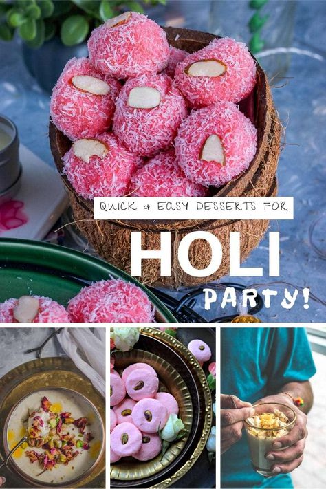 A delicious array of Holi dessert recipes that will make your Holi party an instant hit! These easy to make Indian sweets are ideal for all festivities. #holi #indiansweets #indiandesserts #indianfood #indianfestivals #party #Indian #dessert #sweets #festive #easy #quick #eggless Holi Sweets, Warm Drinks Recipes, Instant Dessert, Holi Recipes, Cold Drinks Recipes, Holi Party, Easy Dessert Recipes Quick, Party Food Dessert, Colorful Desserts