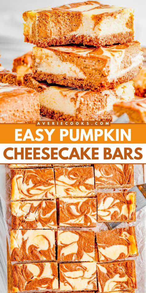 Looking for Thanksgiving dessert ideas? Look no further than the BEST Pumpkin Cheesecake Bars! Baked with a pumpkin swirl, these cream cheese bars are so good. Pin this easy fall baking recipe for later! Easy Pumpkin Cream Cheese Bars, Pumpkin Pie Cream Cheese Bars, Pumpkin Cream Cheese Squares, Pumpkin Cream Cheese Bar, Pumpkin Cream Cheese Swirl Bars, Pumpkin Cheesecake Swirl Bars, Pumpkin Cream Cheese Brownies, Easy Pumpkin Swirl Cheesecake, Pumpkin Cheesecake Bars No Bake