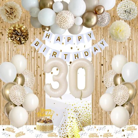 Amazon.com: 30th Birthday Decorations for Her, Gold Happy 30th Birthday Decorations White and Gold Balloons Happy Birthday Banner Tablecloth Fringe Curtain Cake Topper Paper Pom Poms Talk Thirty to Me Birthday : Toys & Games Birthday Decorations White And Gold, Birthday Decorations White, White And Gold Balloons, 30. Geburtstag Frau, 50th Birthday Themes, 30th Birthday Balloons, 50th Birthday Balloons, Balloons Happy Birthday, 30th Birthday Themes