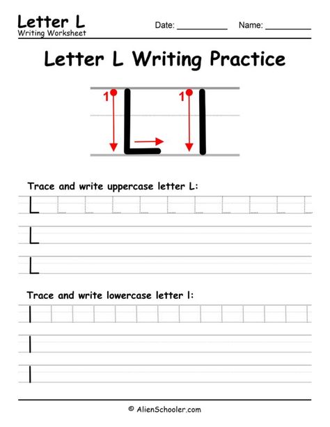 Free Printable Letter L Writing Practice Worksheet PDF - Alien Schooler English Writing Practice, Cursive Alphabet Chart, Letter L Worksheets, Letters Worksheets, Worksheet For Kindergarten, Abc Worksheets, Kindergarten Letters, Writing Practice Worksheets, Letter Tracing Worksheets