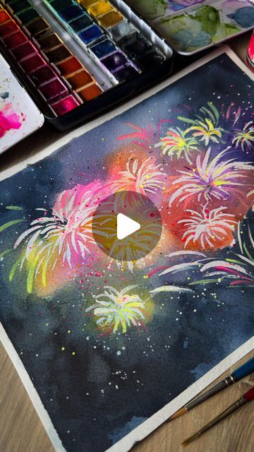 Fireworks Watercolor, Watercolor Fireworks, Fireworks Art, Artist Watercolor, Watercolor Beginner, Watercolor Tutorials, Watercolor Paintings Tutorials, Art Cards, Fine Artist