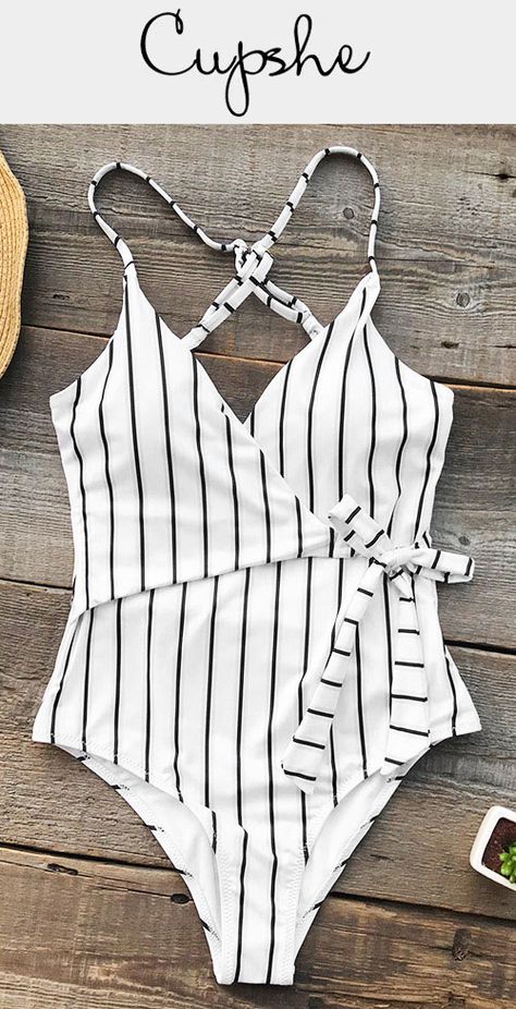 New Arrival! Timeless stripe design! This one-piece features unique tie at waist and cross at back. Send out your glamour from poolside to the beach! Free shipping & Shop now! Beach Bathing Suits, White Bar, Swimwear Beach, Cute Bathing Suits, Striped One Piece, Costume Intero, Cotton Fashion, Stay Young, Cute Swimsuits