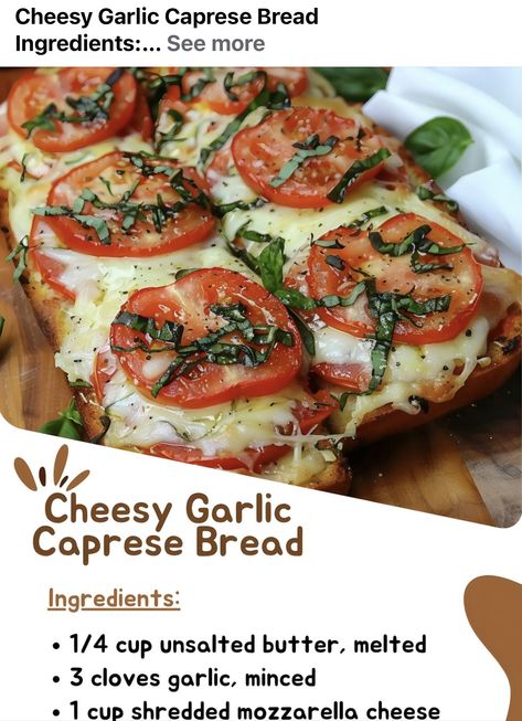 Caprese Bread, South Beach Diet Snacks, Caprese Flatbread, Cheesy Garlic Bread, Best Appetizer Recipes, Pizza Recipes Homemade, Bread Ingredients, Diet Snacks, Cheesy Recipes