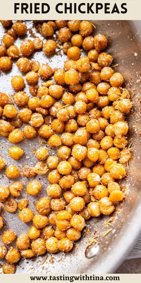 These pan fried chickpeas (also known as garbanzo beans) are versatile and perfect for when you crave a quick and flavorful snack or need a crunchy topping for salads. With a simple combination of seasonings, it's a great go-to option when you want a hassle free and satisfying treat. Baked Garbanzo Beans, Fried Chickpeas Recipe, Baked Salmon Steak, Fried Chickpeas, Roasted Garbanzo Beans, Garbanzo Bean Recipes, Cooking Garbanzo Beans, Mediterranean Snacks, Seasoned Chickpeas