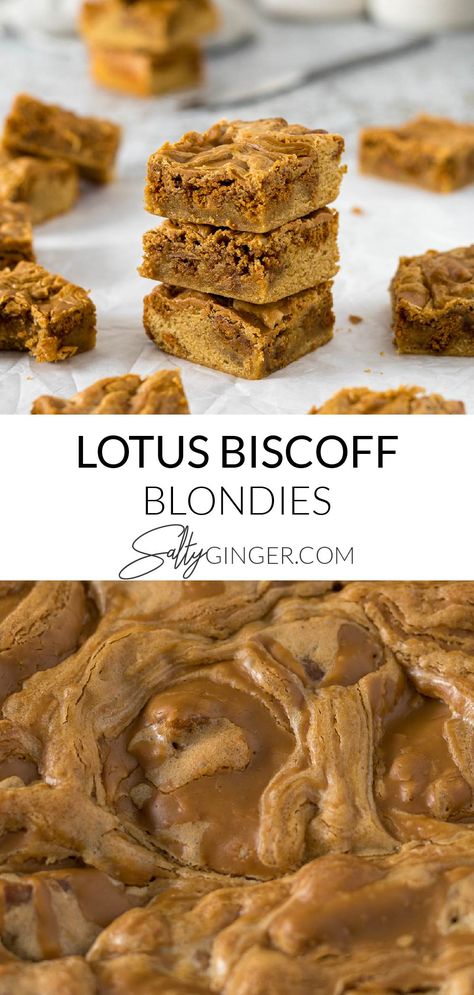 Top - stacked biscoff blondies, bottom - close up of Biscoff Blondies Biscoff Oatmeal Cookies, Homemade Biscoff Cookies, Lotus Blondies, Biscoff Butter Recipes, Biscoff Spread Recipes, Biscoff Caramel, Homemade Biscoff, Biscoff Blondies, Biscoff Brownies