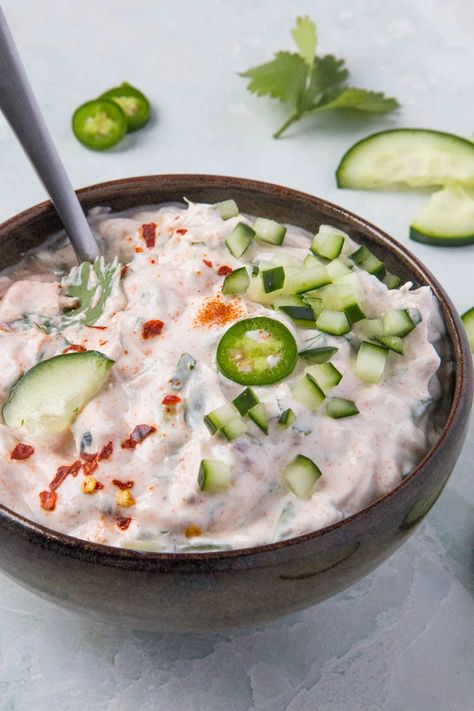 Raita Recipe (Traditional Indian Condiment) - Chili Pepper Madness Indian Food Recipes Cucumber, Riata Dip, Indian Raita Recipe, Raita Recipe Indian For Biryani, Indian Yogurt Sauce, Indian Condiments, Raita Recipe Indian, Indian Raita, Indian Yogurt