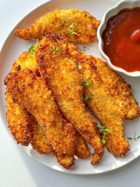 Crispy Chicken Fingers Crispy Chicken Fingers, The Modern Nonna, Modern Nonna, Chicken Fingers Baked, Chicken Finger Recipes, Boiled Chicken Breast, Homemade Fries, Chicken Breast Fillet, Fried Chicken Breast