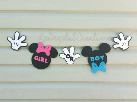 Mickey and Minnie gender reveal, Mickey mouse gender reveal, Minnie mouse baby shower Mickey baby shower Check out this item in my Etsy shop https://www.etsy.com/listing/244663324/mickey-gender-reveal-mickey-baby-shower Mickey Gender Reveal, Baby Reveal Party Decorations, Disney Gender Reveal, Minnie Baby Shower, Mickey Baby Showers, Moldes Para Baby Shower, Gender Announcement, Gender Reveal Banner, Baby Shower Favors Diy