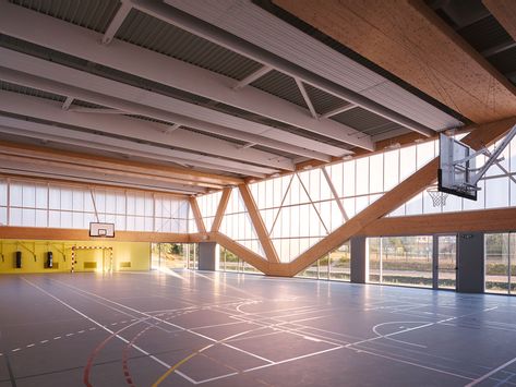 Gymnasium Architecture, Exposed Trusses, Multipurpose Hall, Timber Architecture, Stadium Design, Sport Hall, School Building, Diagram Architecture, Built Environment