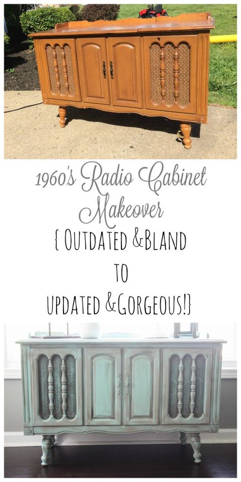 An outdated radio cabinet got a gorgeous makeover...and it wasn't a project that went at all as expected! Antique Stereo Cabinet Makeover, Radio Cabinet Makeover, Stereo Cabinet Redo, Record Player Cabinet, Aqua Bathroom, Aqua Walls, Redo Cabinets, Stereo Cabinet, Record Cabinet