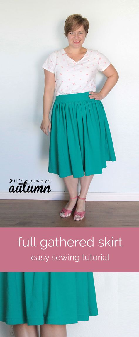 easy sewing tutorial for a flattering women's full gathered skirt - the elastic waist makes it comfy, but the flat waistband makes it look good! Barbie Products, Skirt Sewing Tutorial, Sewing Skirt, Patterns Skirt, Skirt Pattern Easy, Pola Rok, Full Gathered Skirt, Sewing Coat, Women Sewing