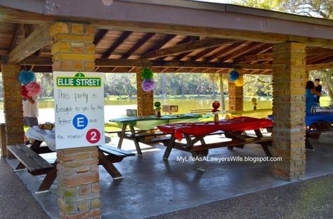 How To Decorate A Park Pavilion For A Birthday Party, Elmo Park Birthday Party, Park Pavilion Birthday Party, Pavilion Birthday Party Decorations, Park Shelter Birthday Party, Park Pavilion Decorations Birthday, Park Birthday Party Decorations, Pavilion Decorations, Pavilion Decor