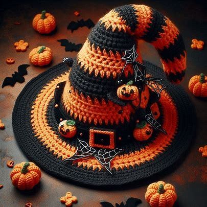 Crochet Halloween Witch hat - Microsoft Designer의 Image Creator Crochet Christmas Tree Ornaments, Crochet Witch Hat, Crochet Fall Decor, Ghosts And Pumpkins, Crochet Pour Halloween, Crochet Ghost, Easy Beginner Crochet Patterns, Crochet Christmas Tree, Crochet Halloween