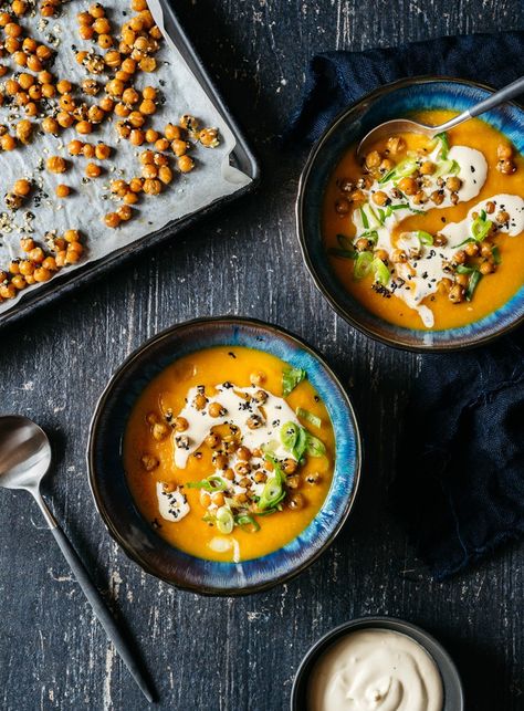 Silky, spicy and comforting sums up this wonderfully fragrant soup. Top with the soy and lime cream and a spoonful of the very moreish chickpeas. Curried Sweet Potato Soup, Ginger Miso, Ginger Soup, New Zealand Food, Lime Cream, Spiced Chickpeas, Chickpea Soup, Fall Soups, Artisan Food