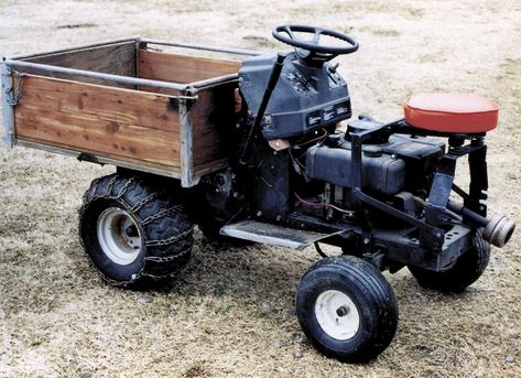 I made this wood hauler from an old riding lawn mower. The box trips to dump the wood. Works great and I can take it right out into the woods. (Larry Zenz, 5779 E. Hwy. 28, Parks, Ark. 72950) &nb... Old Lawnmower Ideas, Motorized Wheelbarrow, Powered Wheelbarrow, Yard Tractors, Lawn Mower Repair, Homemade Tractor, Tractor Idea, Lawn Mower Tractor, Tractor Accessories