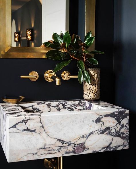 Floating Marble Sink, Beautiful Powder Rooms, Marble Bathroom Sink, Calacatta Viola, Powder Room Decor, Marble Sinks, Calacatta Marble, Tiles Texture, Lavatory Faucet