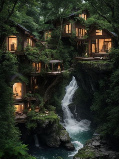 Forest House Mountain, Awesome Tree Houses, Tree House Village, Treehouse Village, Fantasy Cabin, Waterfall House, Fantasy Cottage, Storybook Homes, Unusual Buildings