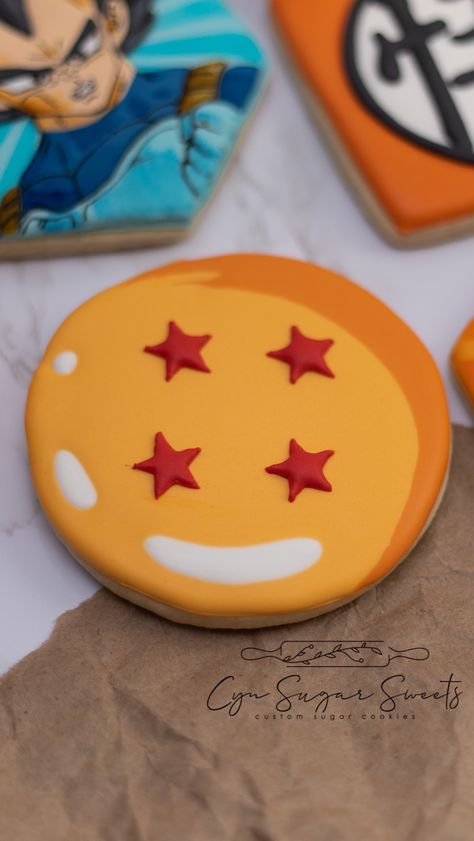 Dragon Ball Z custom sugar cookies Dragon Ball Z Cookies, Dragon Ball Z Birthday Party Ideas, Dragon Ball Cake, Dragon Ball Z Cake, Sugar Cookies Birthday, Dragonball Z Cake, Goku Birthday, Custom Sugar Cookies, 7 Cake