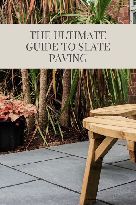 slate paving close up with modern wooden seating right and palm tree top. Slate Patio Ideas, Slate Walkway, Garden Lifestyle, Slate Paving, Patio Driveway, Slate Garden, Slate Patio, Visit Uk, Greek House