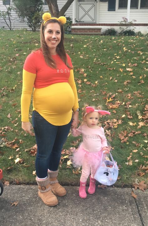 Maternity Halloween- Pooh & Piglet costume, DIY Piglet Costume Diy, Pooh Bear Costume, Halloween Costumes Pregnant Women, Maternity Costumes, Maternity Halloween Costumes, Maternity Halloween Costume, Disney Family Costumes, Piglet Costume, Pooh Costume