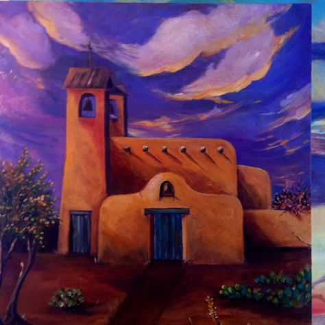 Church in new mexico New Mexico Painting Ideas, New Mexico Art Paintings, Adobe Paintings, Desert Sunset Painting, Southwest Art Paintings, Southwestern Paintings, New Mexico Art, Mexican Paintings, Taos Pueblo