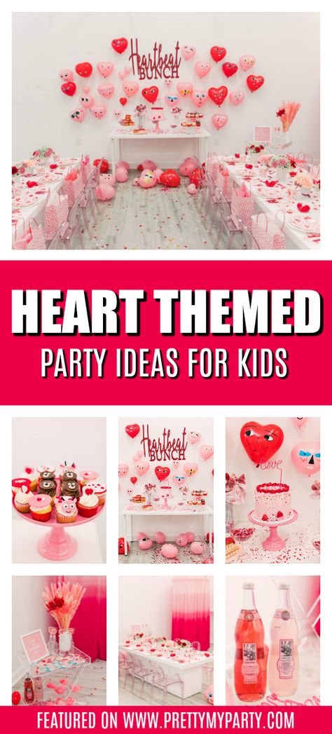 Heartbeat Bunch Valentine's Day Party on Pretty My Party #prettymyparty #heartthemedparty #valentinesdayparty #kidsvalentinesdayparty Hearts Birthday Party Theme, Heart Themed Birthday Party, February Birthday Party Ideas, Heart Themed Birthday, Valentines Tea Party, Heart Shaped Balloons, Valentines Birthday Party, Tea Time Party, Fun Valentines Day Ideas